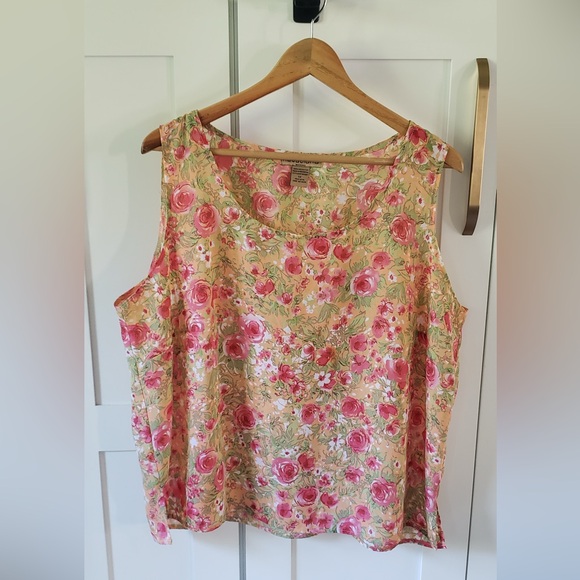 Notations Tops - Notations Tank Top Womens 1X Orange Pink Floral Sleeveless Blouse Cottagecore